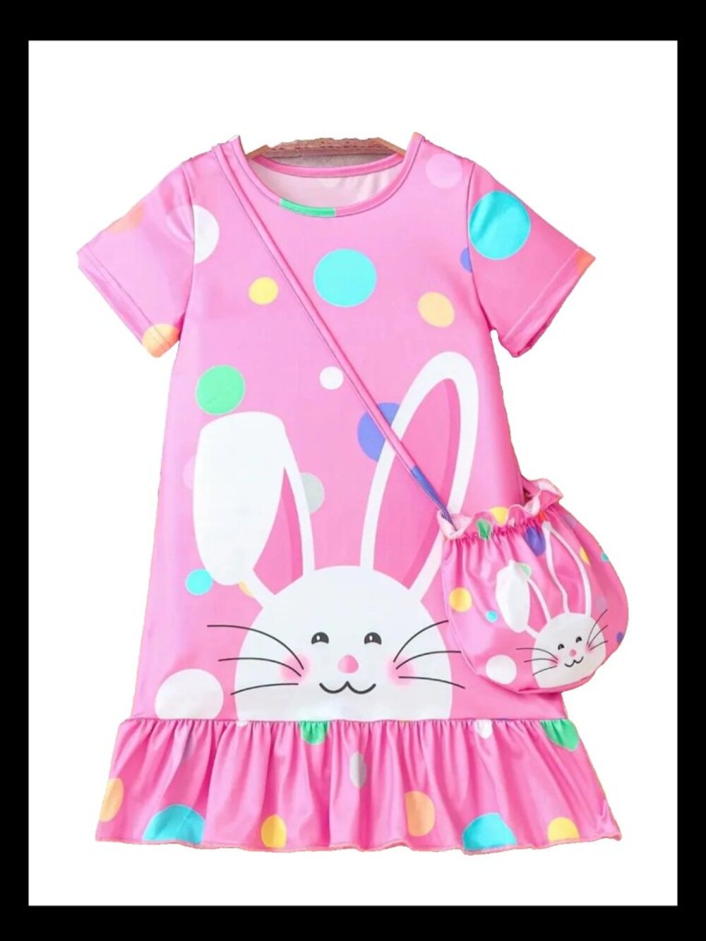 New Girls' Cartoon Rabbit Print Patchwork Lace Hem Casual Dress Bag Sz 4-5